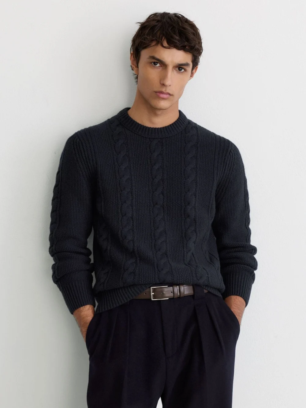 Reiss Navy Cable-knit Crew-neck Jumper with Wool, view 3