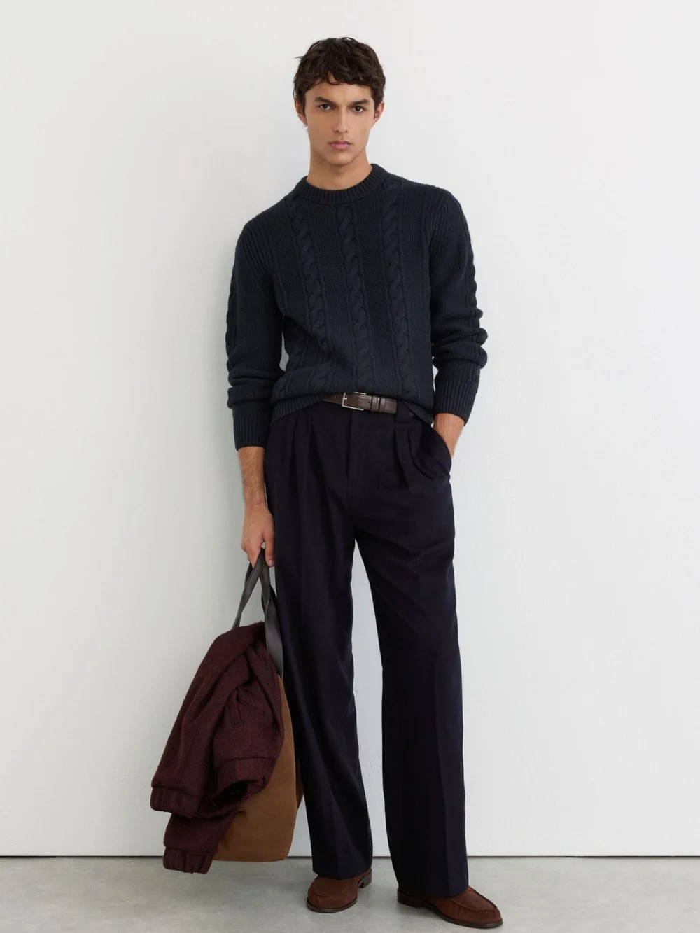 Reiss Navy Cable-knit Crew-neck Jumper with Wool, view 4