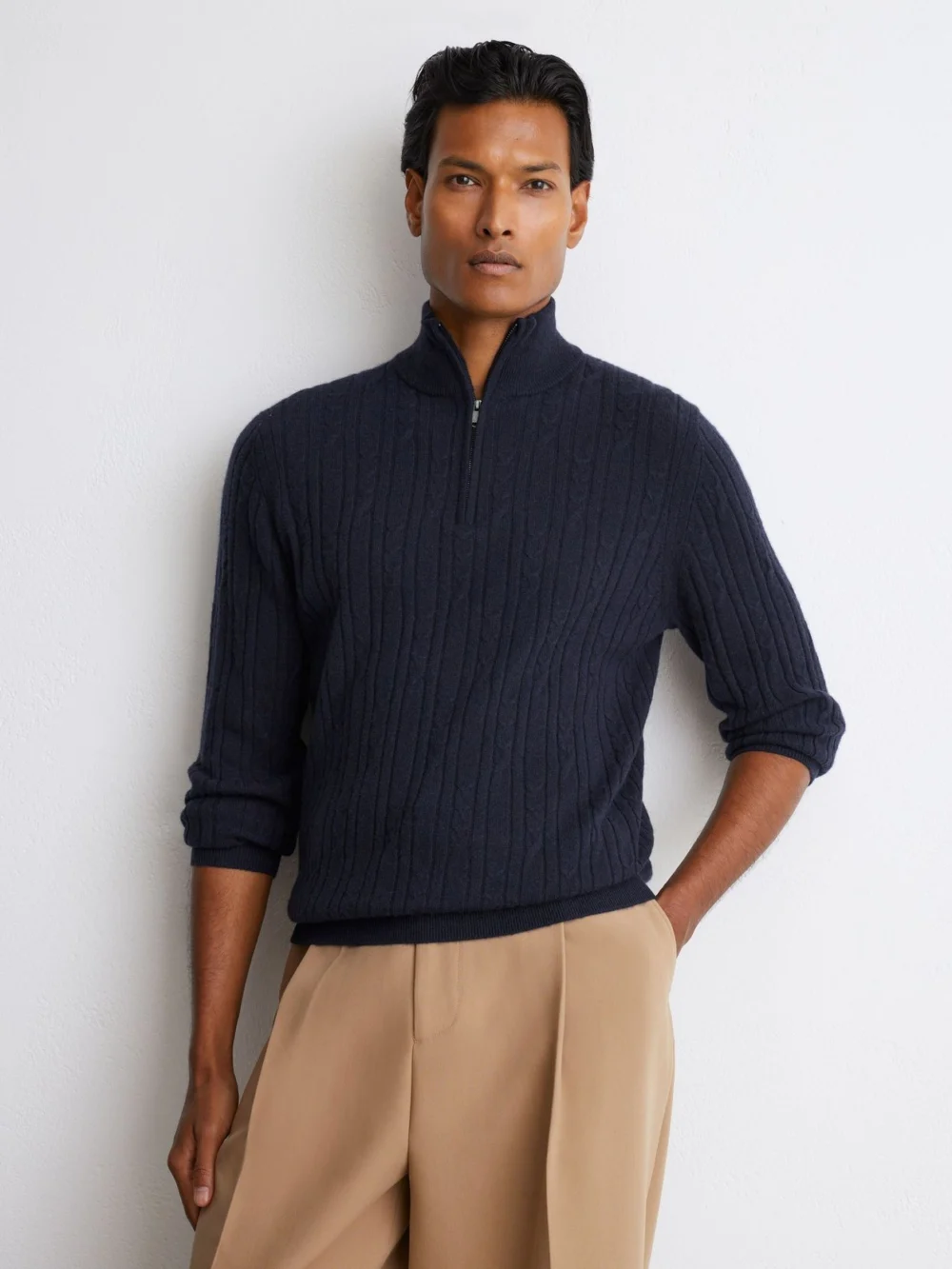 Reiss Navy Cashmere Cable-knit Half-zip Jumper