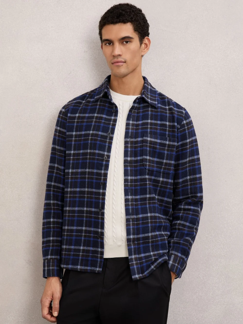 Reiss Navy Check Button-through Overshirt with Wool