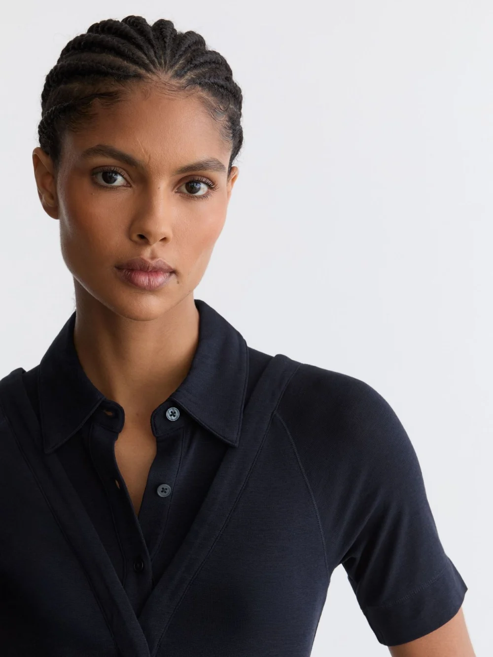 Reiss Navy Collar-insert Jersey-knit Top with Wool, view 4