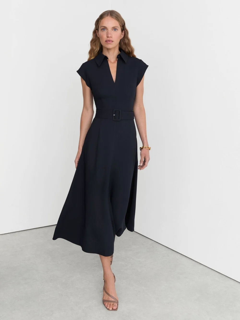 Reiss Navy Collared Belted Midi Dress