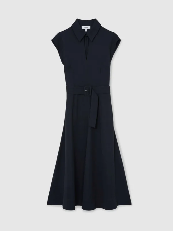 Reiss Navy Collared Belted Midi Dress