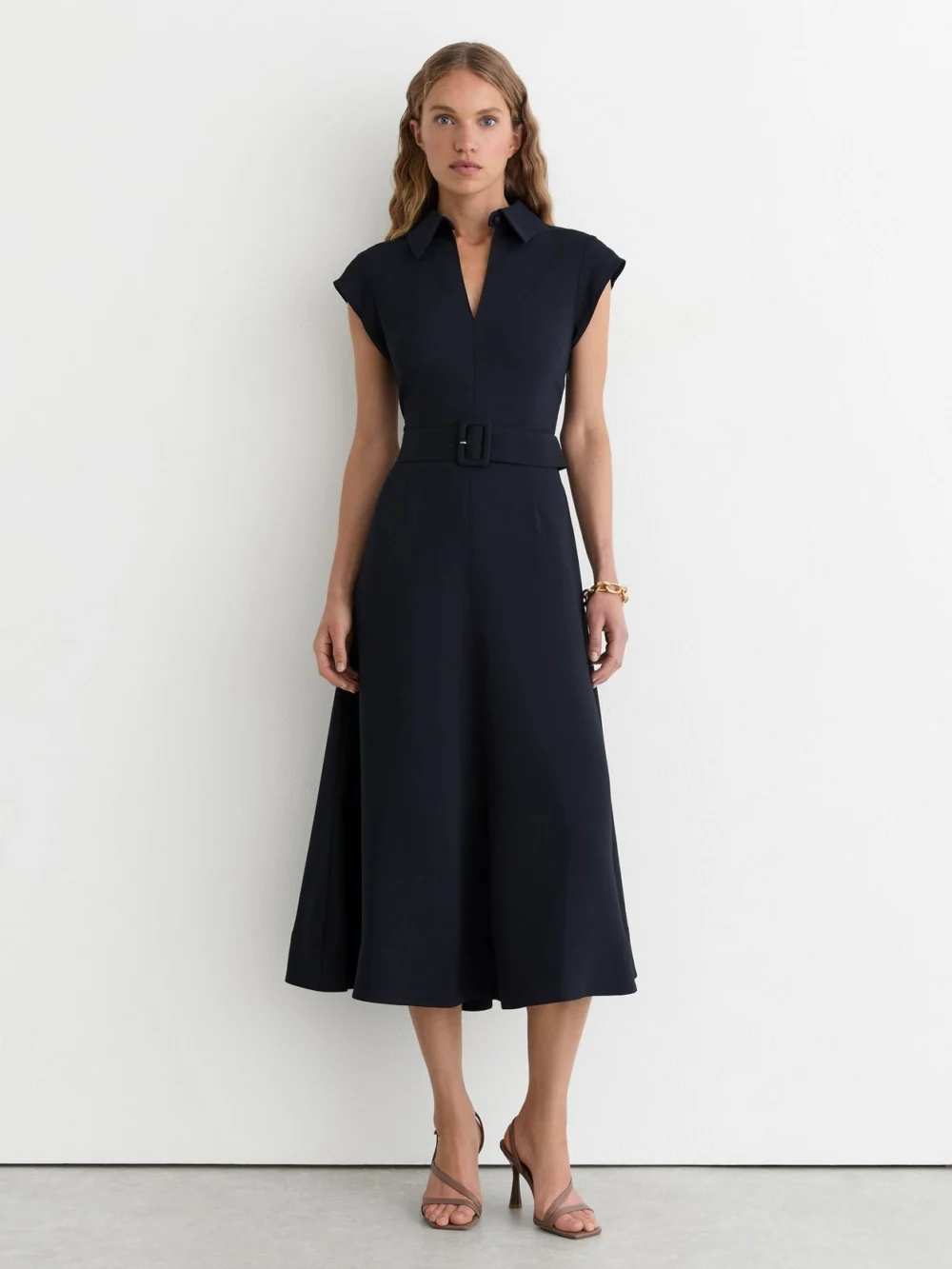 Reiss Navy Collared Belted Midi Dress, view 3