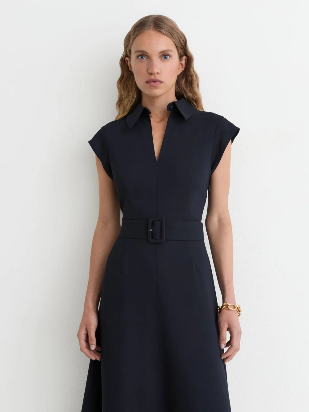 Reiss Navy Collared Belted Midi Dress, view 4