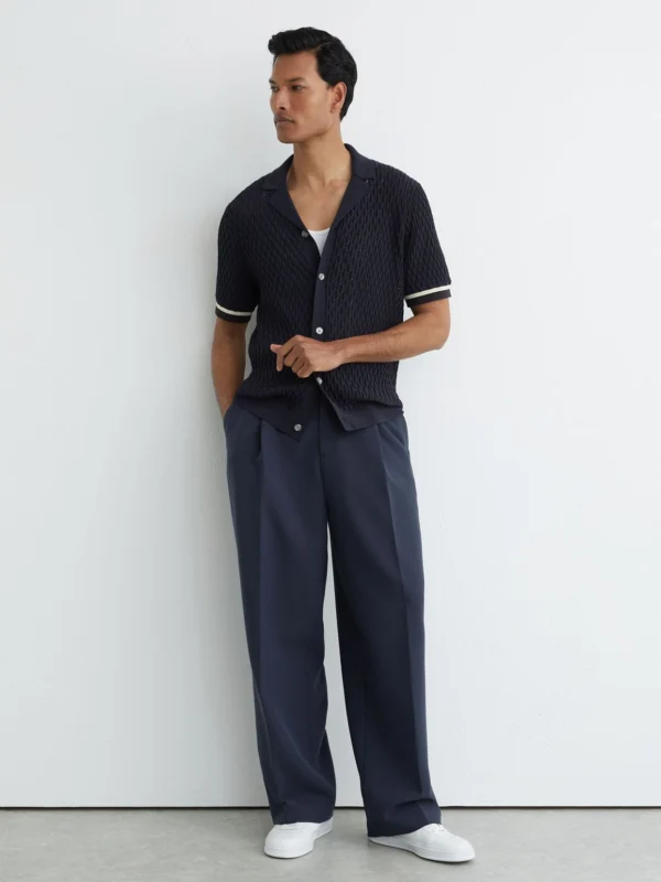 Reiss Navy Cotton-blend Geometric-knit Tipped Shirt
