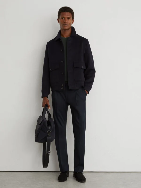 Reiss Navy Cotton-blend Side-adjuster Trousers Tailored-fit
