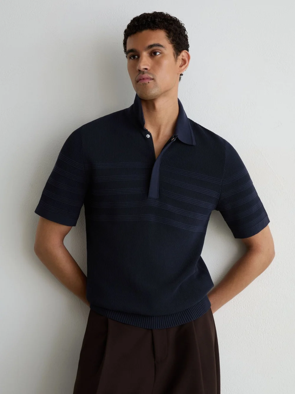 Reiss Navy Cotton-blend Textured-knit Half-zip Polo Shirt