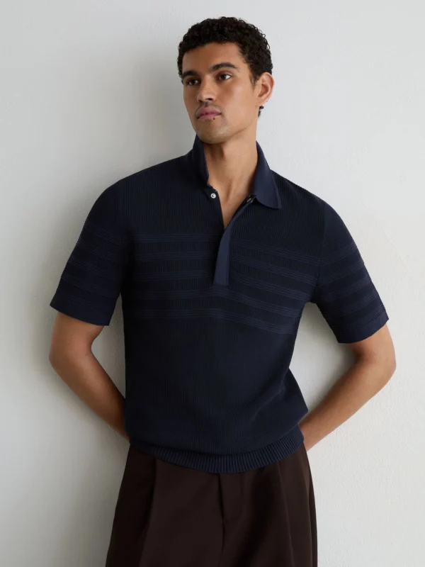 Reiss Navy Cotton-blend Textured-knit Half-zip Polo Shirt