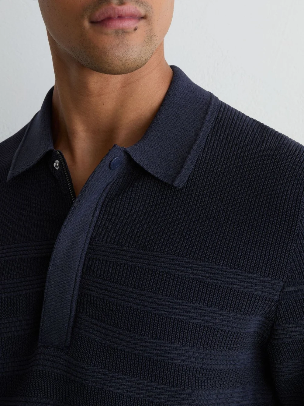 Reiss Navy Cotton-blend Textured-knit Half-zip Polo Shirt, view 3