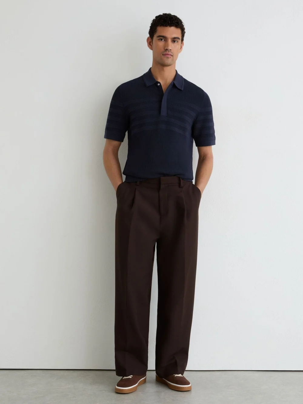 Reiss Navy Cotton-blend Textured-knit Half-zip Polo Shirt, view 4