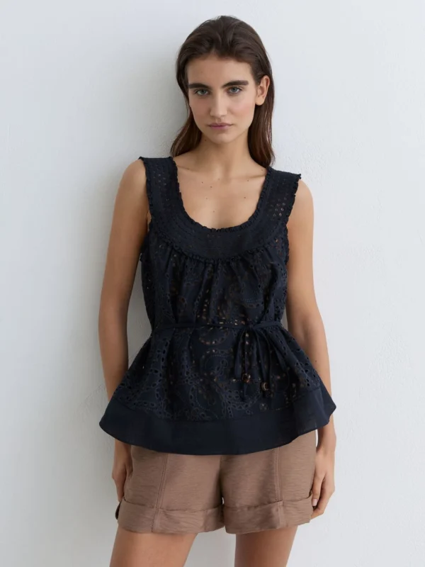 Reiss Navy Cotton Broderie Anglaise Cami Top