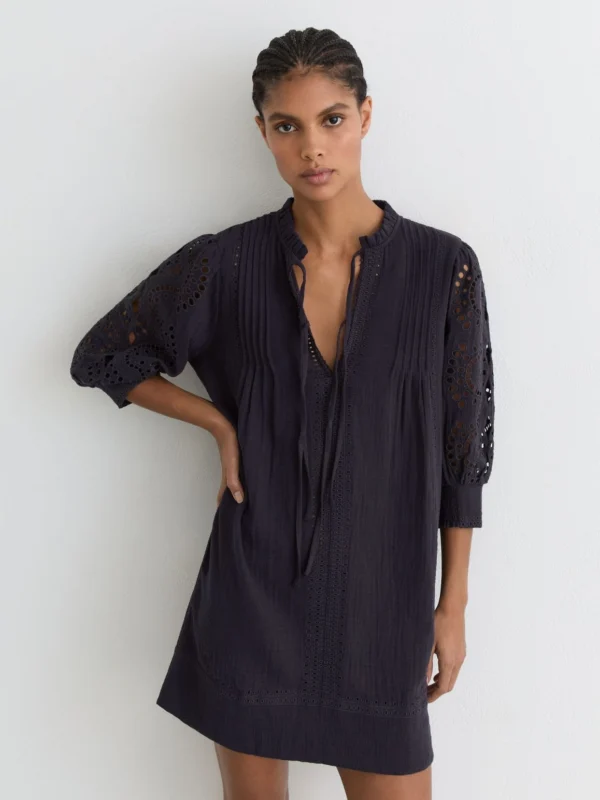Reiss Navy Cotton Cheesecloth Broderie Mini Dress