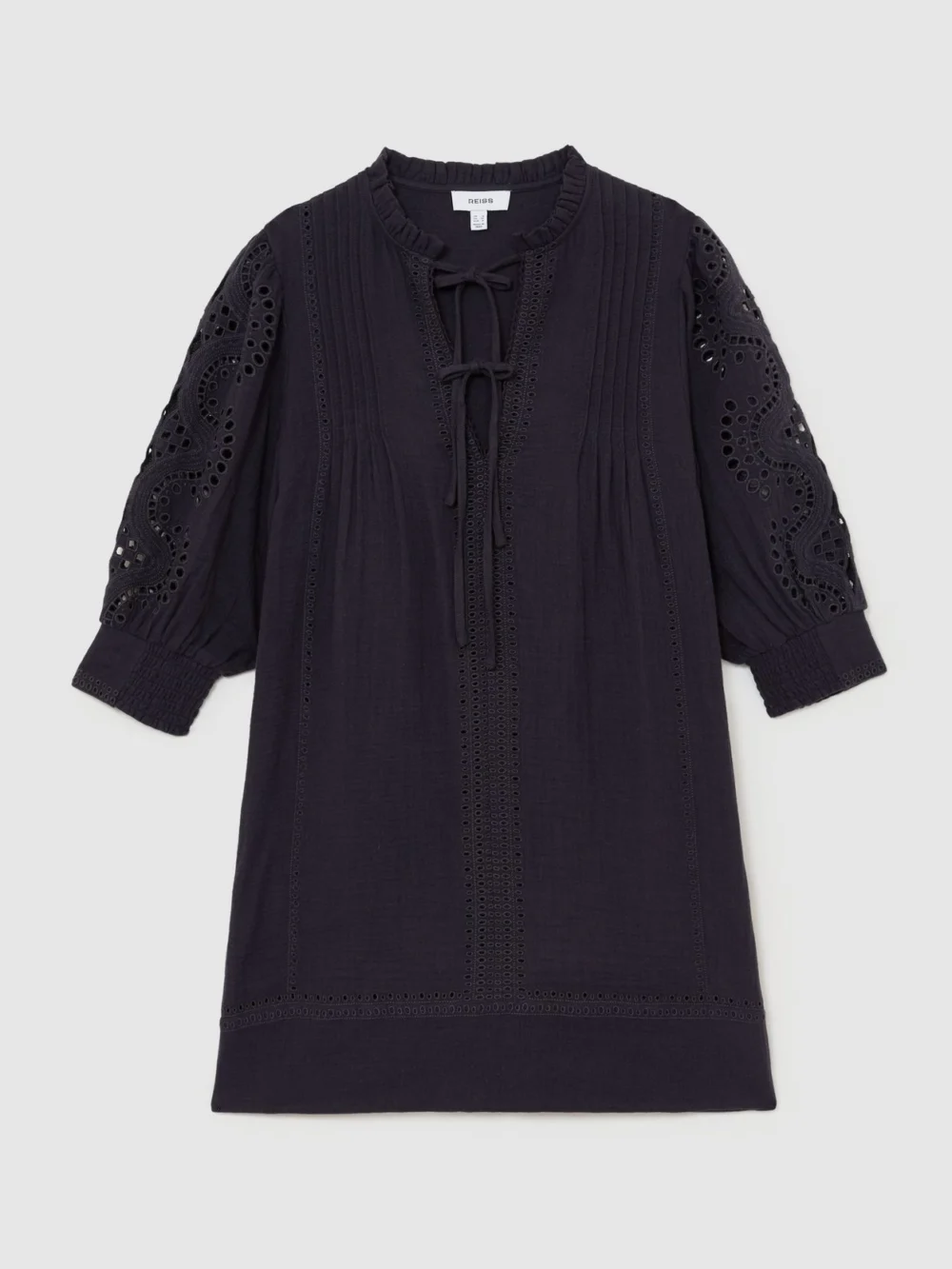 Reiss Navy Cotton Cheesecloth Broderie Mini Dress, view 2