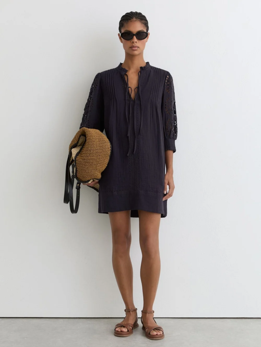 Reiss Navy Cotton Cheesecloth Broderie Mini Dress, view 3