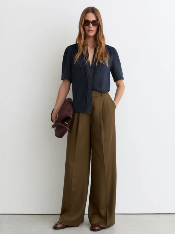 Reiss Navy Cotton Cheesecloth Frill-neck Top