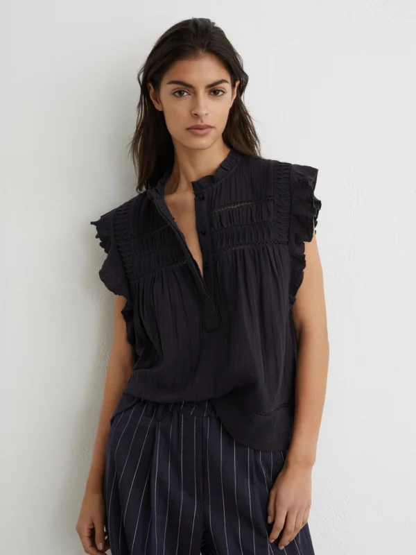 Reiss Navy Cotton Cheesecloth Sleeveless Top