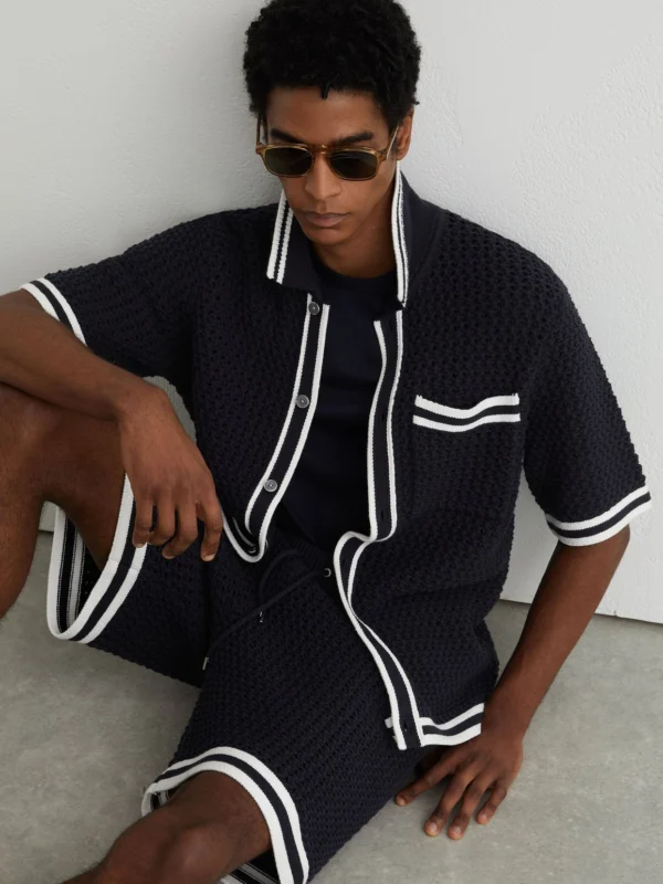 Reiss Navy Cotton Crochet Button-through Shirt