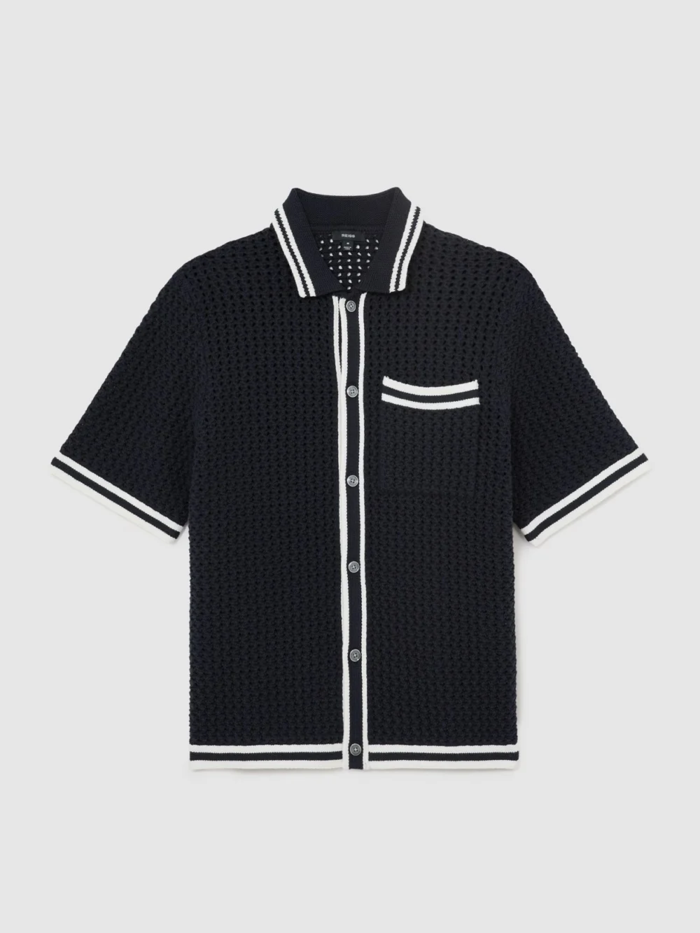 Reiss Navy Cotton Crochet Button-through Shirt, view 2