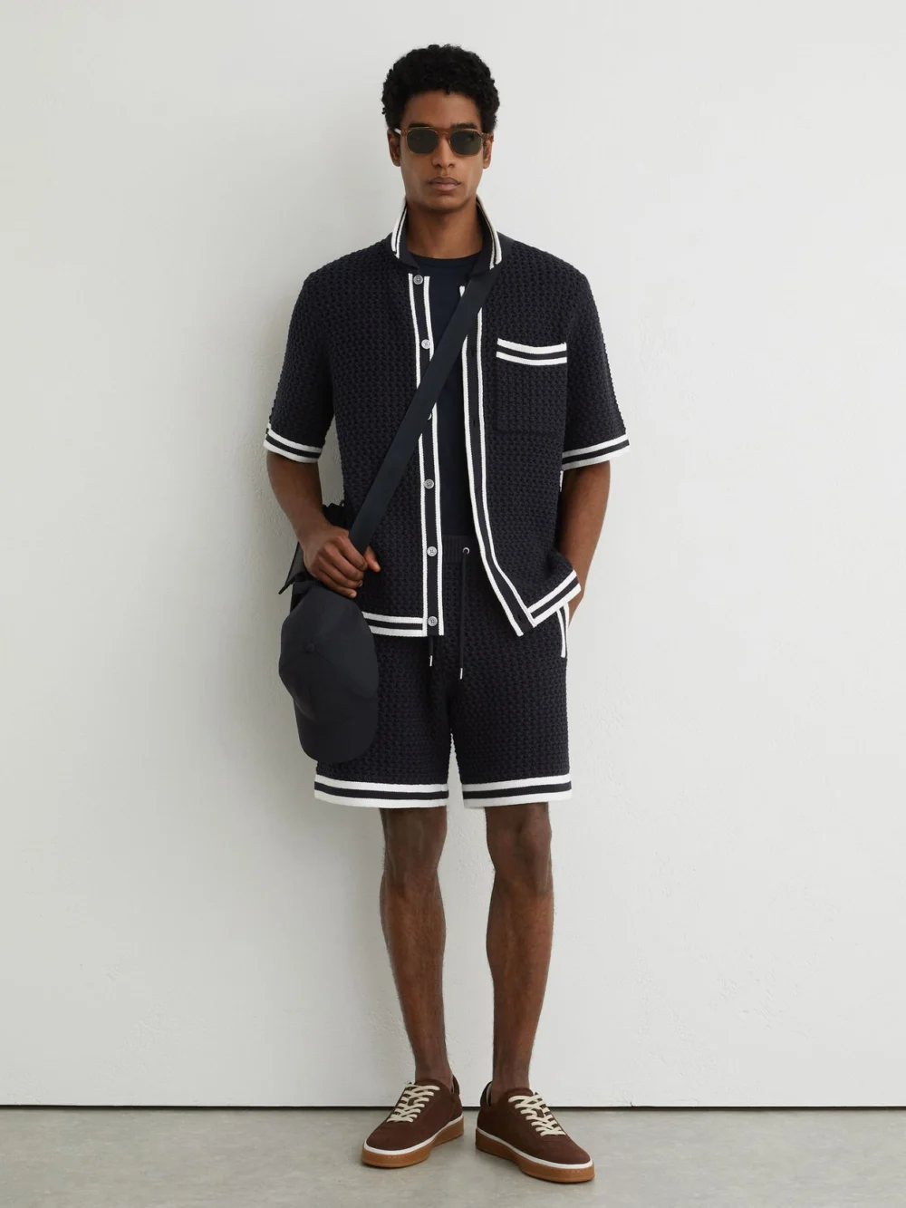 Reiss Navy Cotton Crochet Button-through Shirt, view 3