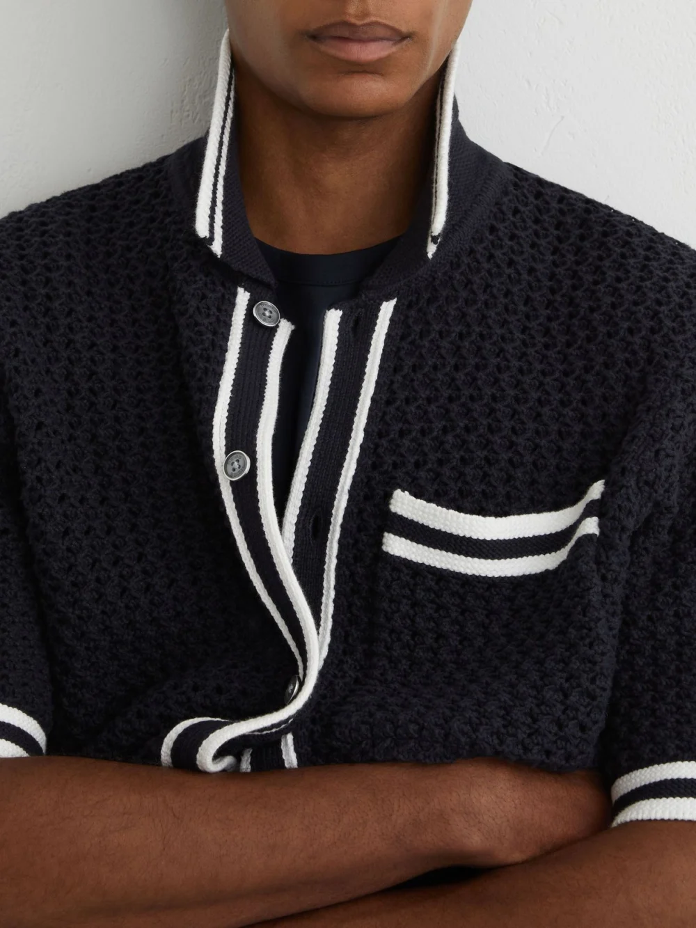 Reiss Navy Cotton Crochet Button-through Shirt, view 4