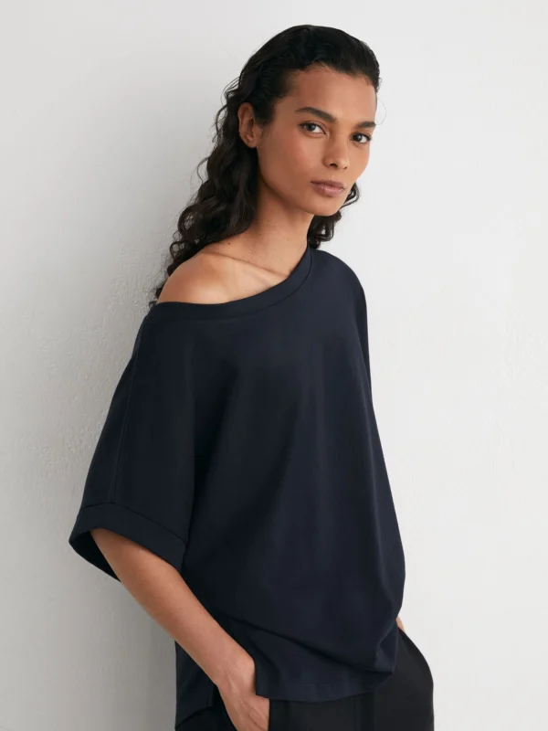 Reiss Navy Cotton Off-shoulder T-shirt