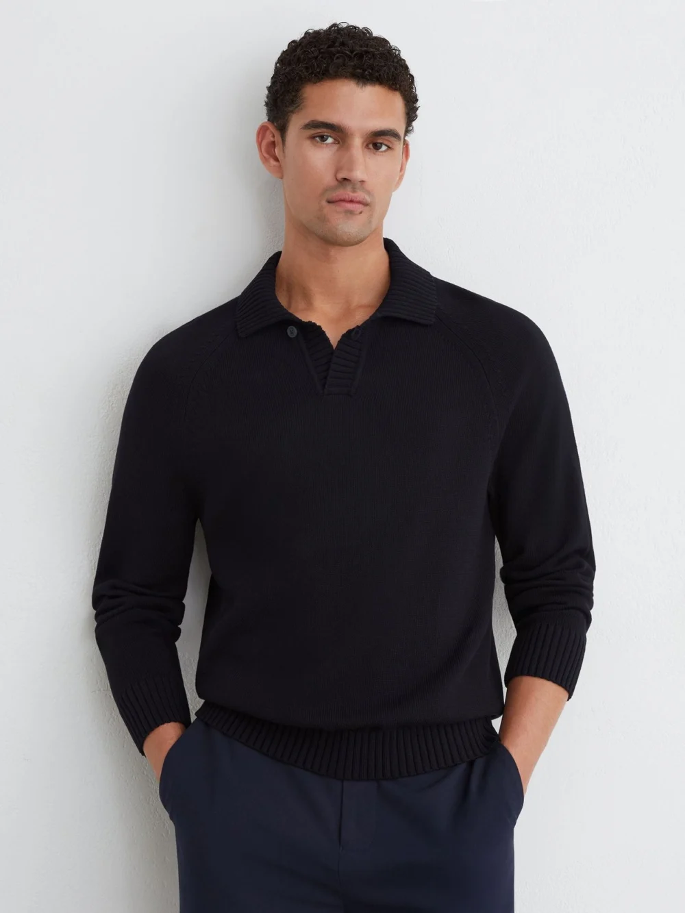 Reiss Navy Cotton Open-collar Polo Jumper
