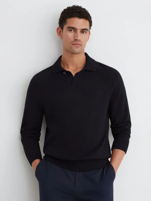 Reiss Navy Cotton Open-collar Polo Jumper