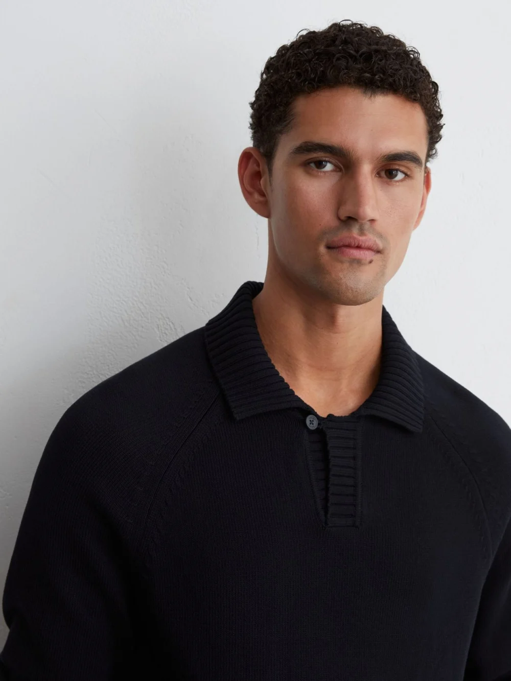 Reiss Navy Cotton Open-collar Polo Jumper, view 3