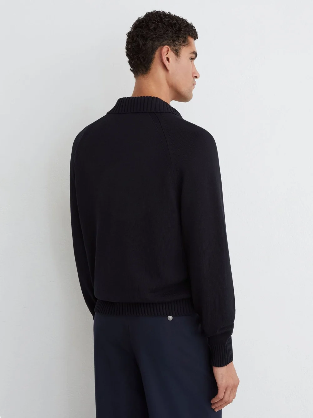 Reiss Navy Cotton Open-collar Polo Jumper, view 4
