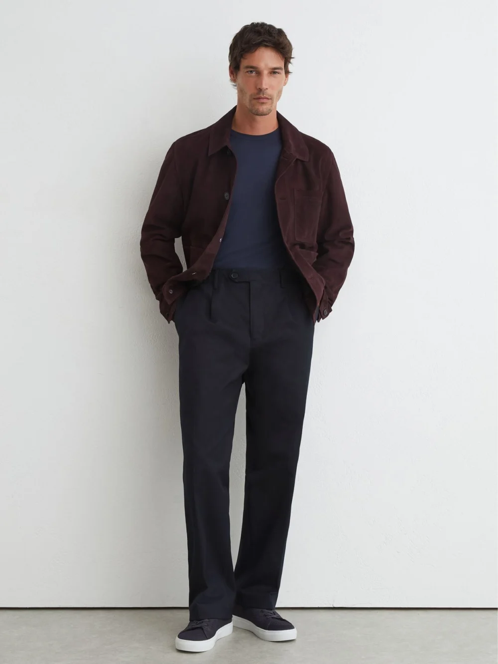 Reiss Navy Cotton Slub Pleated Relaxed-fit Trousers