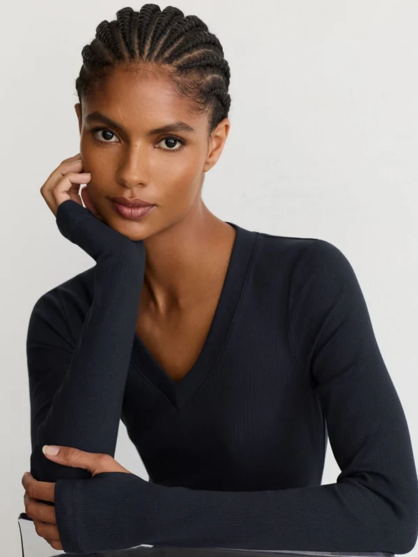 Reiss Navy Cotton-stretch V-neck Ruched Top