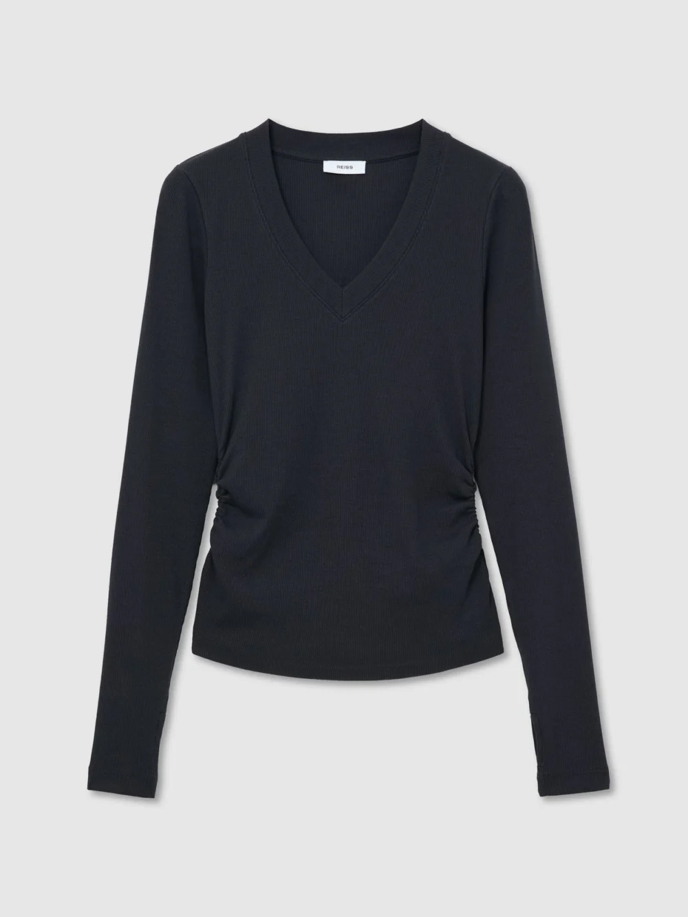 Reiss Navy Cotton-stretch V-neck Ruched Top, view 2
