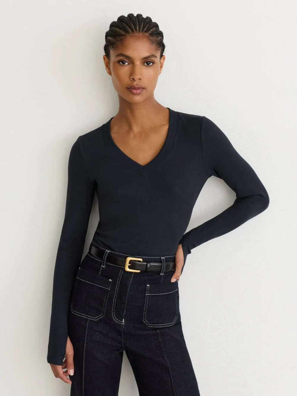 Reiss Navy Cotton-stretch V-neck Ruched Top, view 3