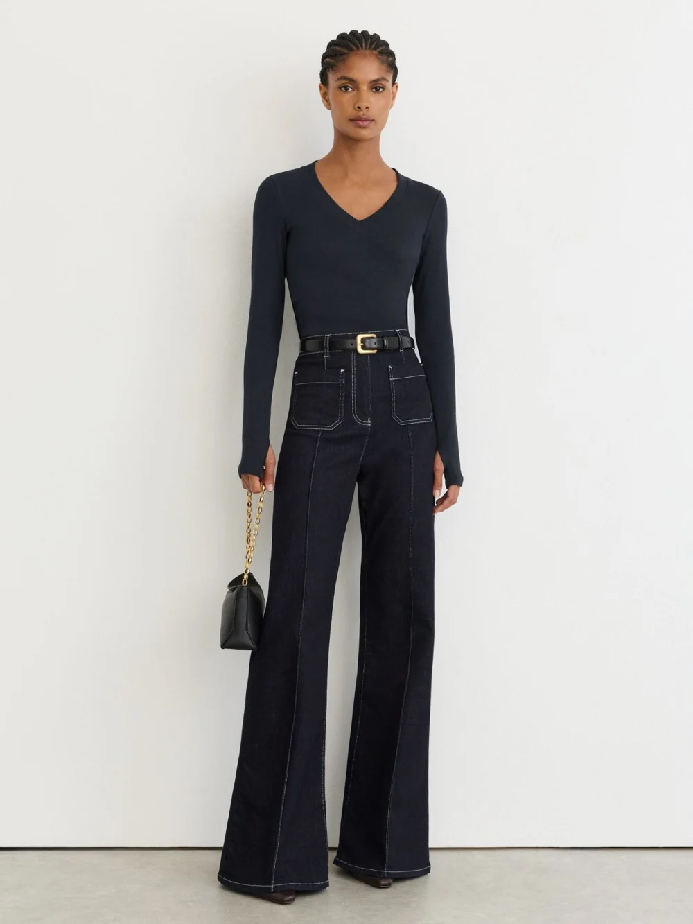 Reiss Navy Cotton-stretch V-neck Ruched Top, view 4