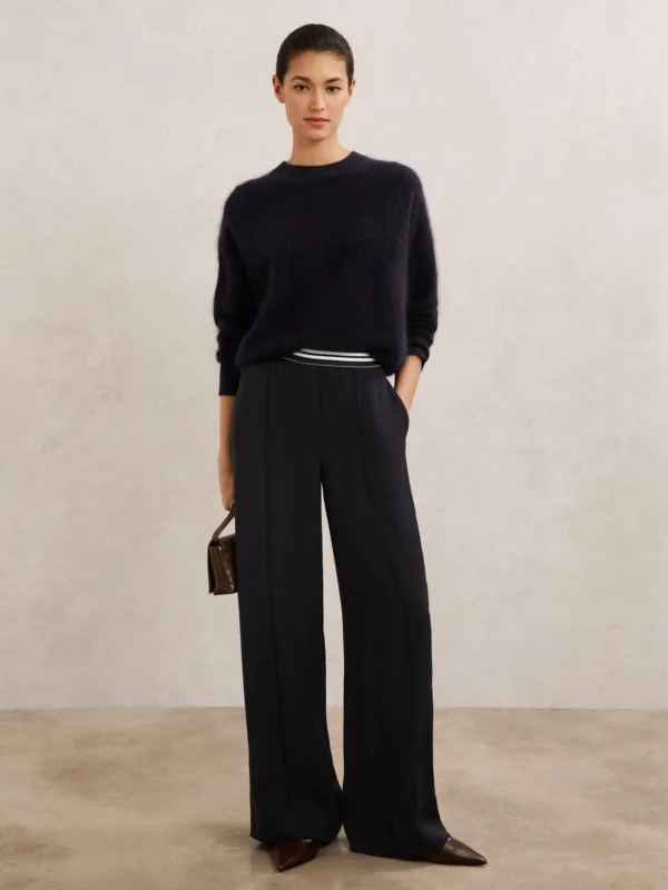 Reiss Navy Elasticated-waist Wide-leg Trousers