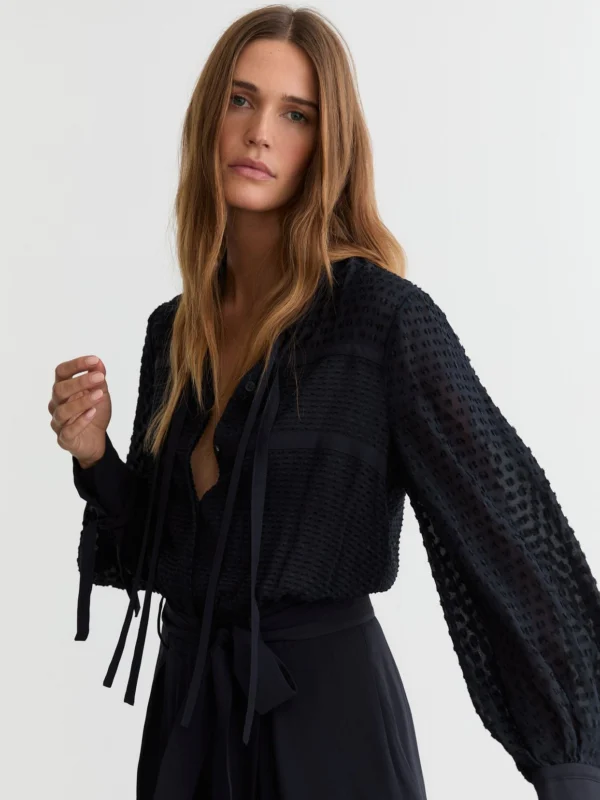 Reiss Navy Embroidered Long-sleeve Belted Playsuit