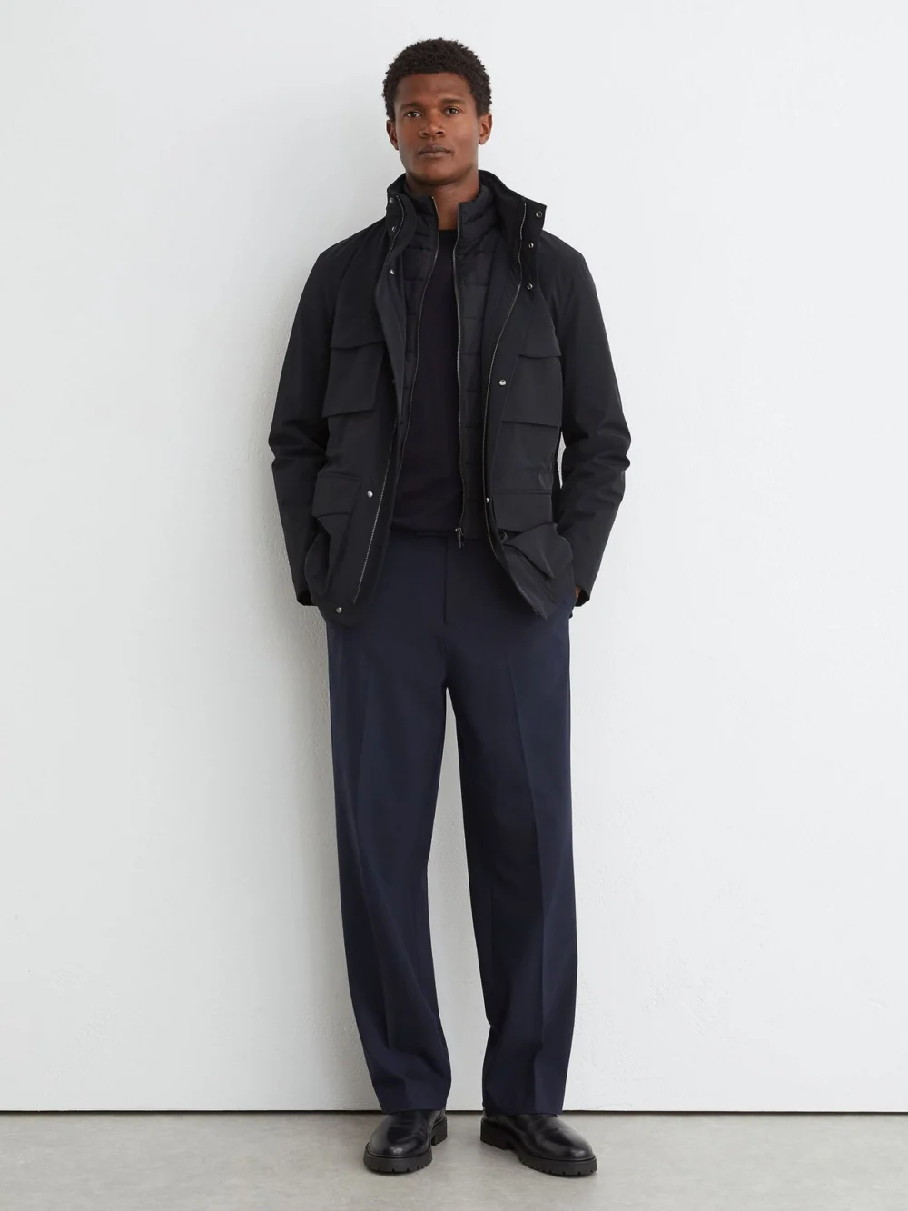 Reiss Navy Four-pocket Hooded Jacket with Removable Gilet