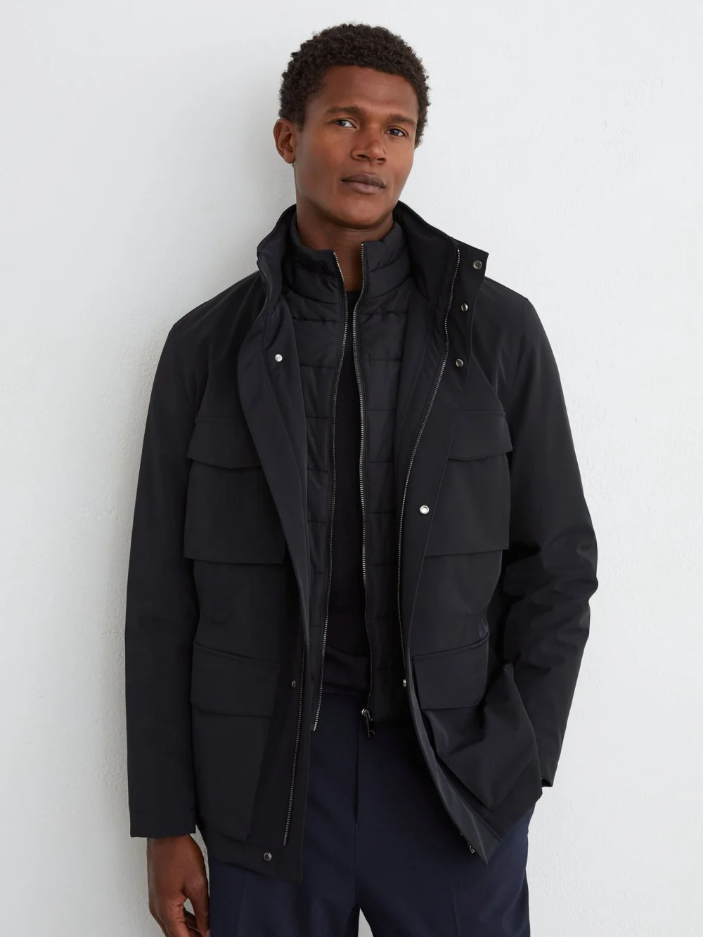 Reiss Navy Four-pocket Hooded Jacket with Removable Gilet, view 3