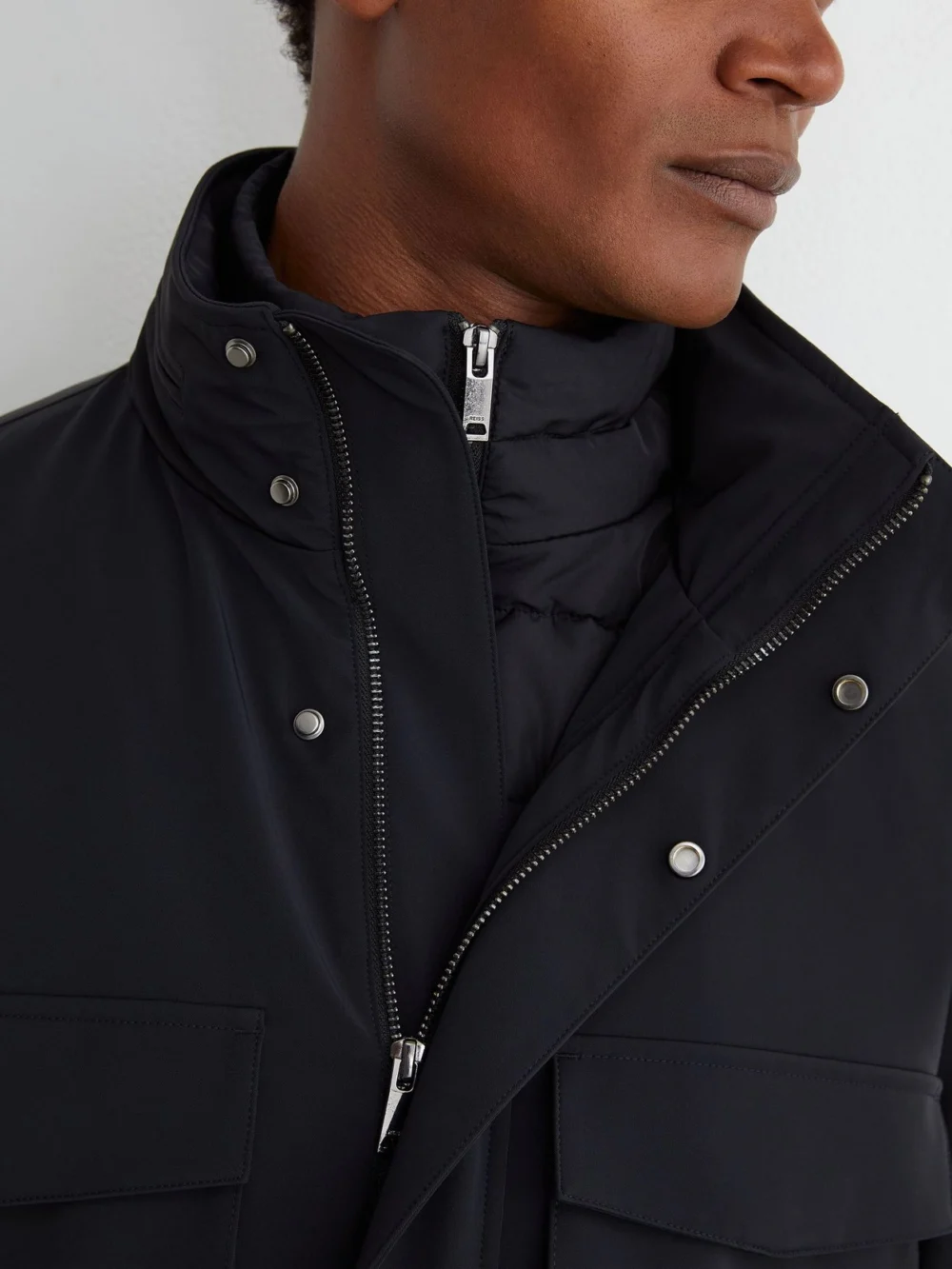 Reiss Navy Four-pocket Hooded Jacket with Removable Gilet, view 4
