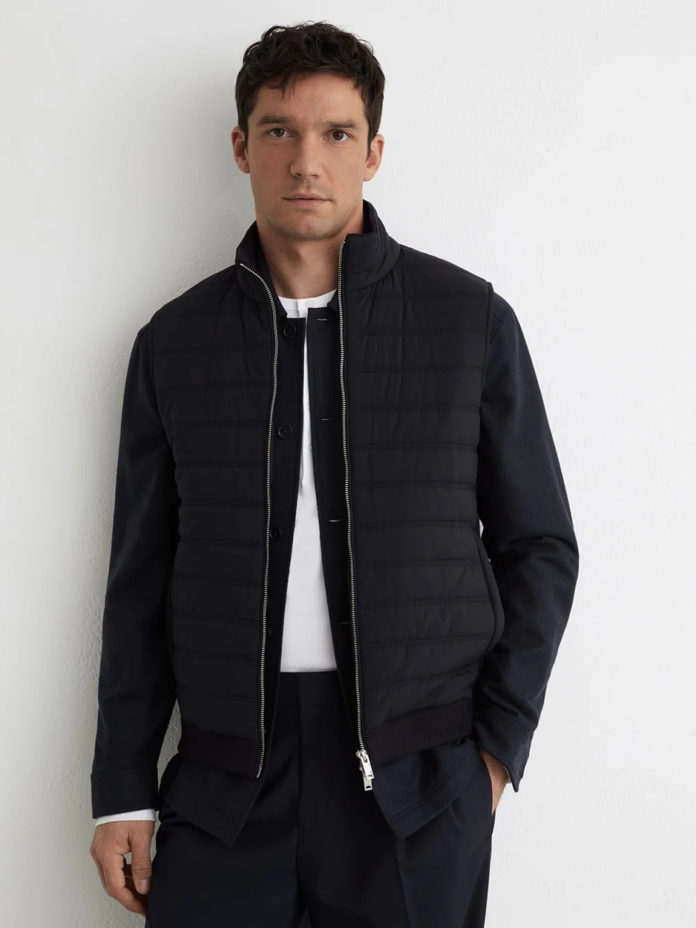 Reiss Navy Funnel-neck Quilted Knit Gilet