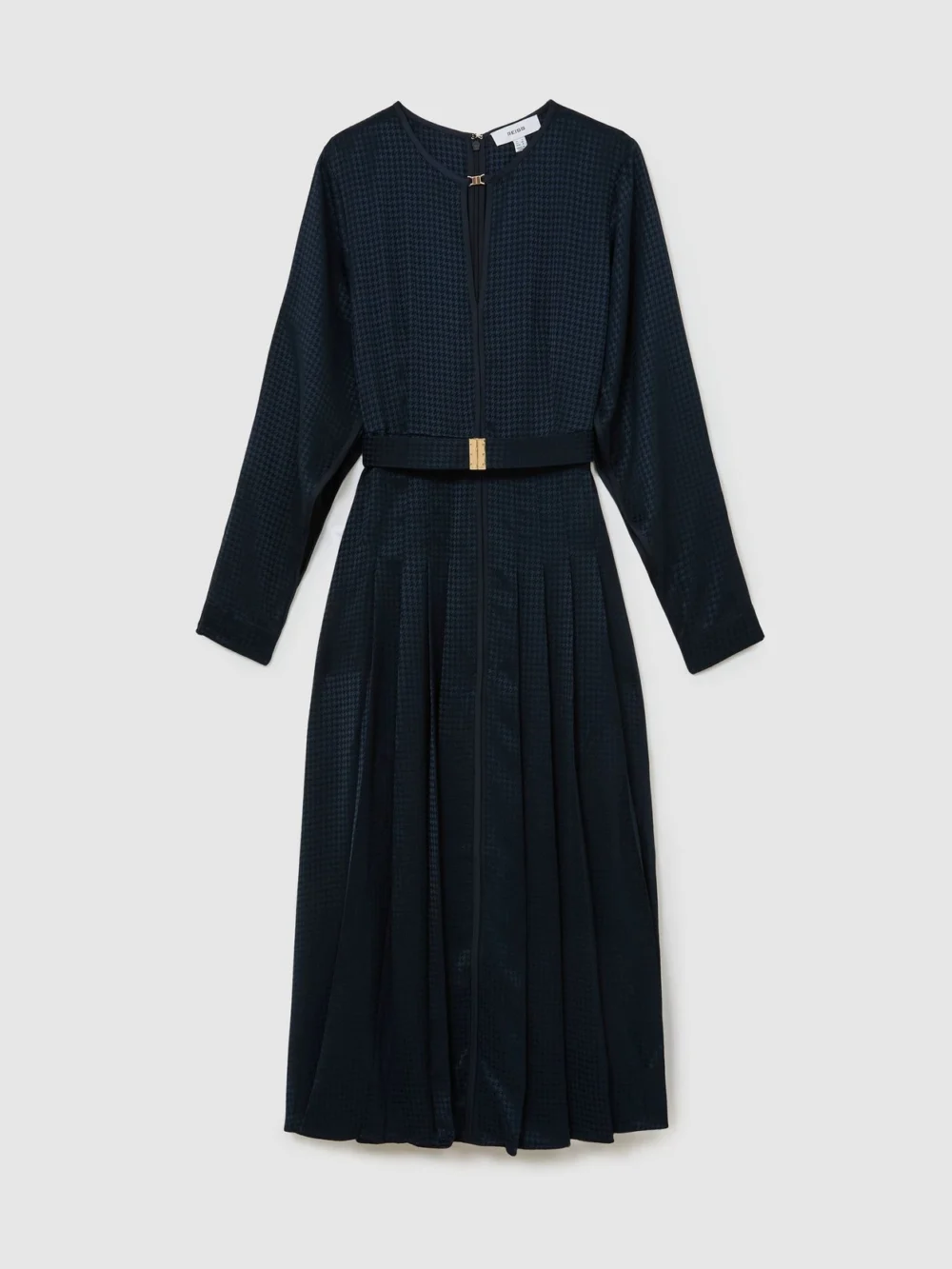 Reiss Navy Houndstooth-check Belted Midi Dress, view 2