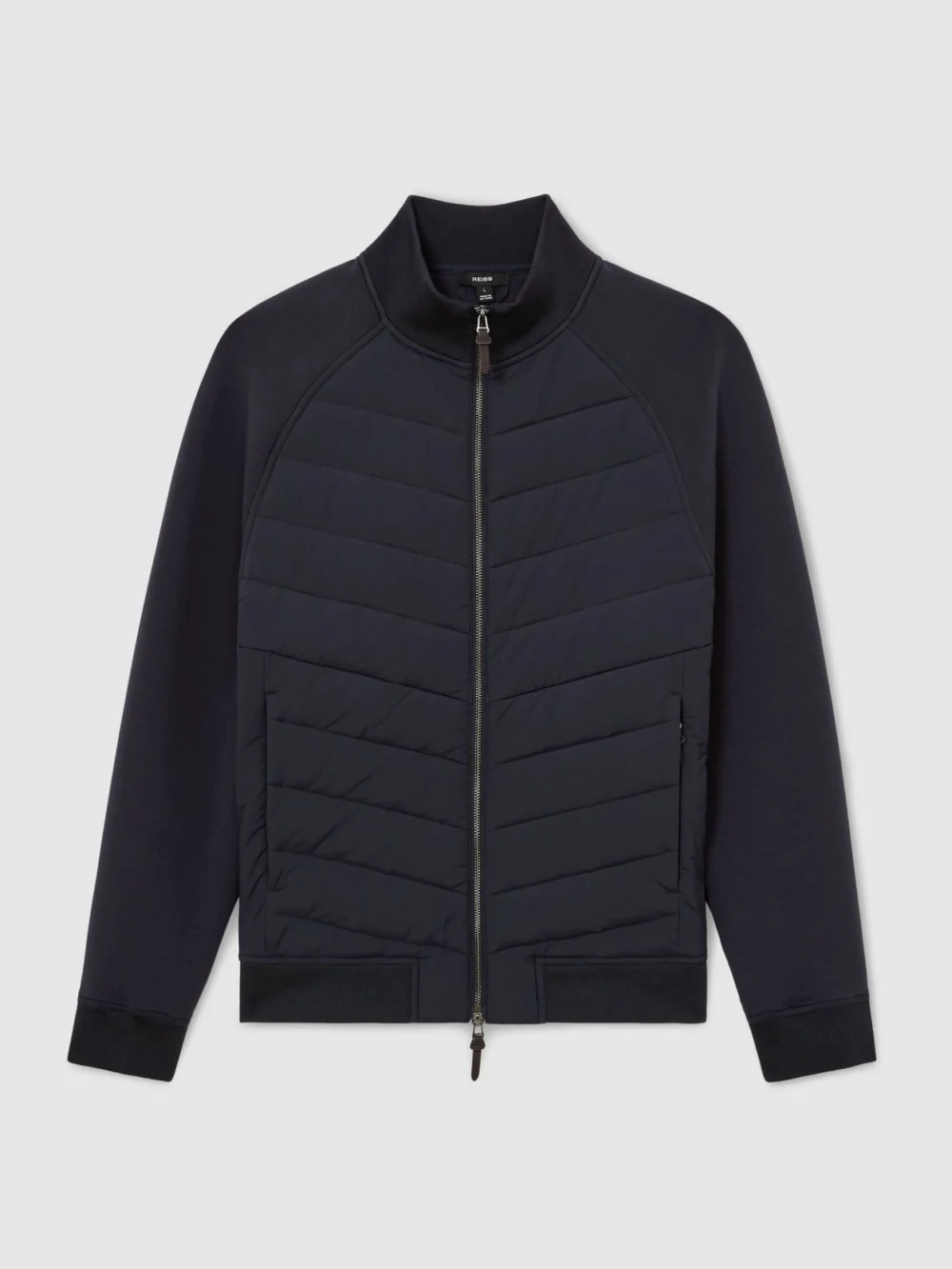 Reiss Navy Hybrid Quilted and Interlock Zip Jacket, view 2