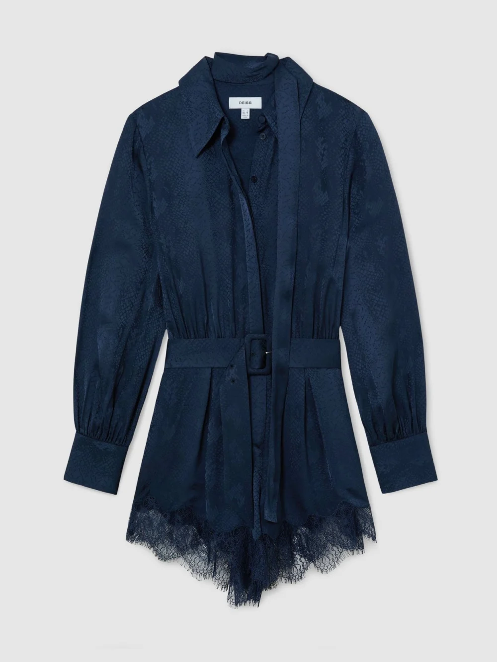 Reiss Navy Jacquard Lace-trim Scarf-neck Playsuit, view 2