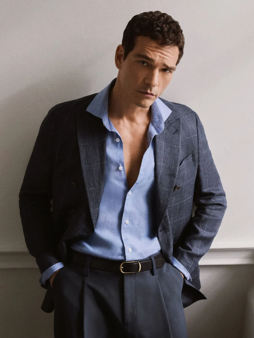 Reiss Navy Linen Check Double-breasted Tailored-fit Blazer