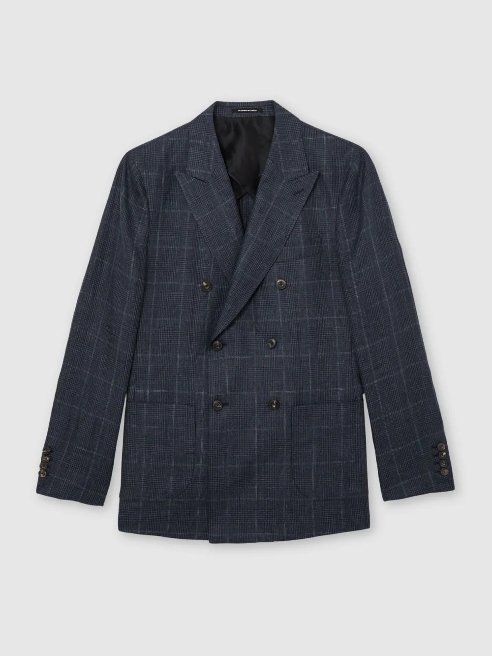 Reiss Navy Linen Check Double-breasted Tailored-fit Blazer, view 2