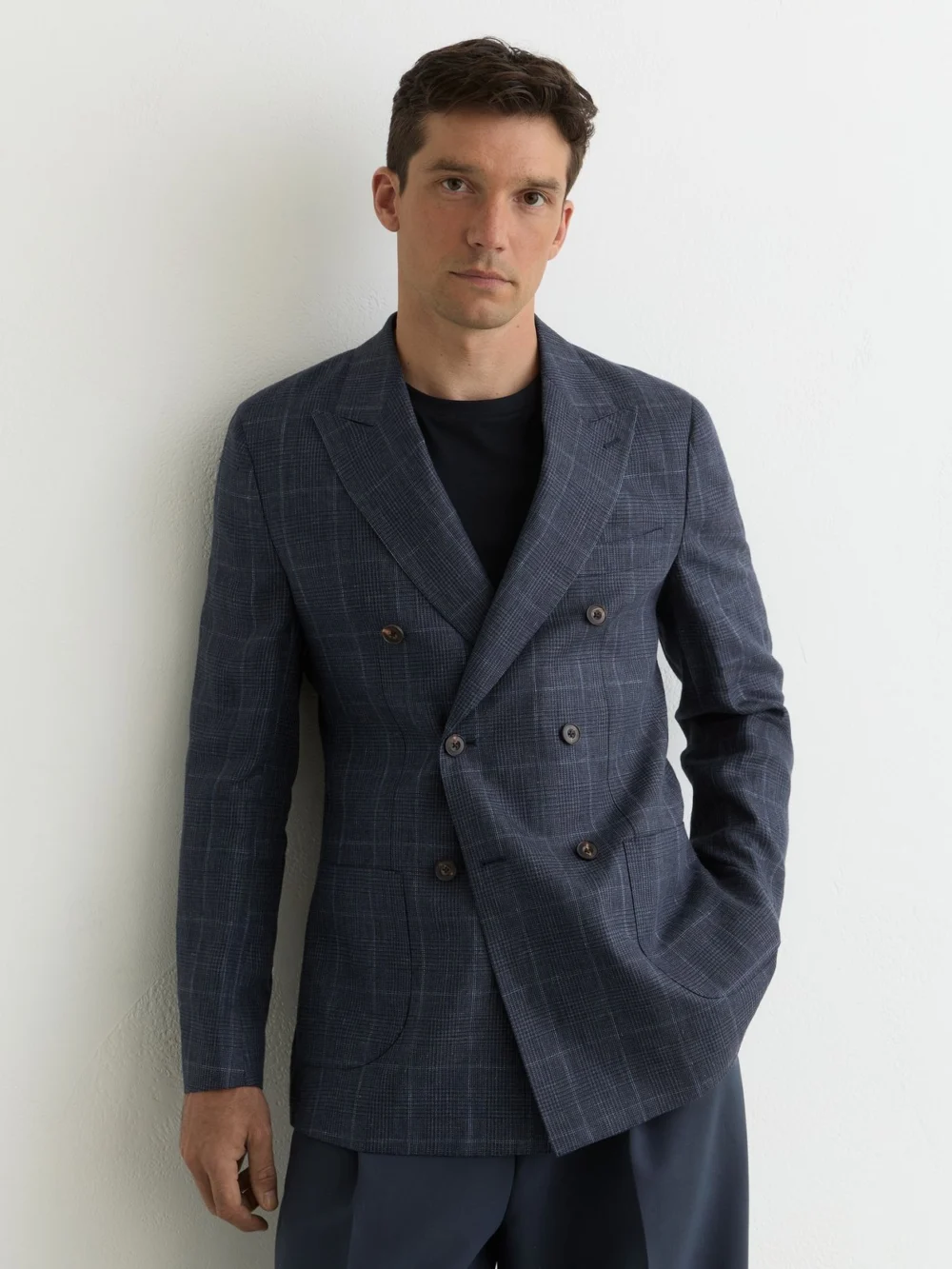 Reiss Navy Linen Check Double-breasted Tailored-fit Blazer, view 3