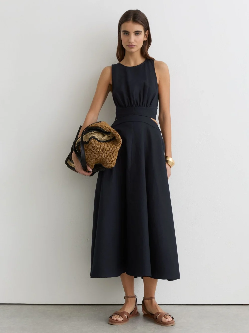 Reiss Navy Linen-cotton Cut-out Midi Dress