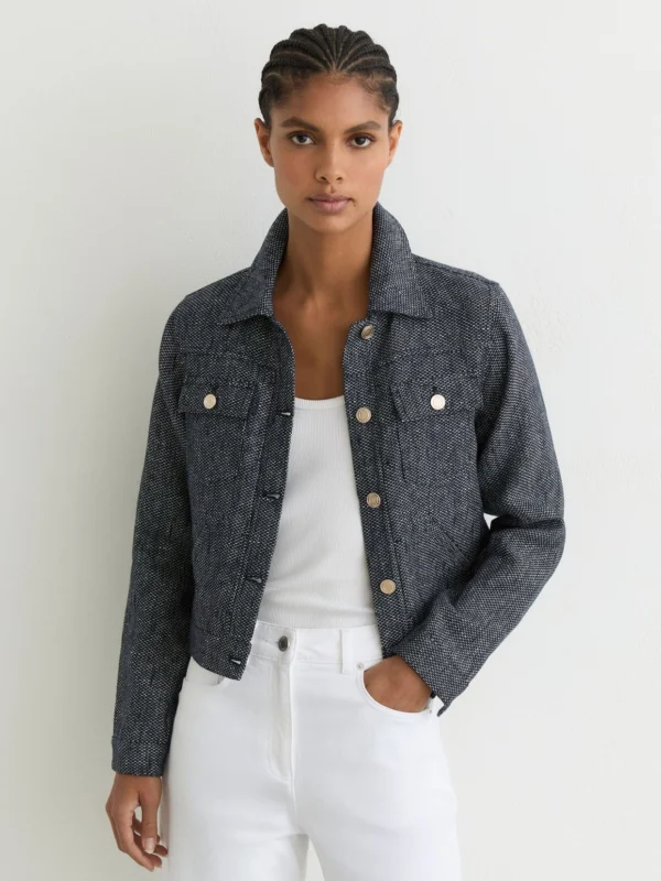 Reiss Navy Linen-cotton Woven Trucker Jacket