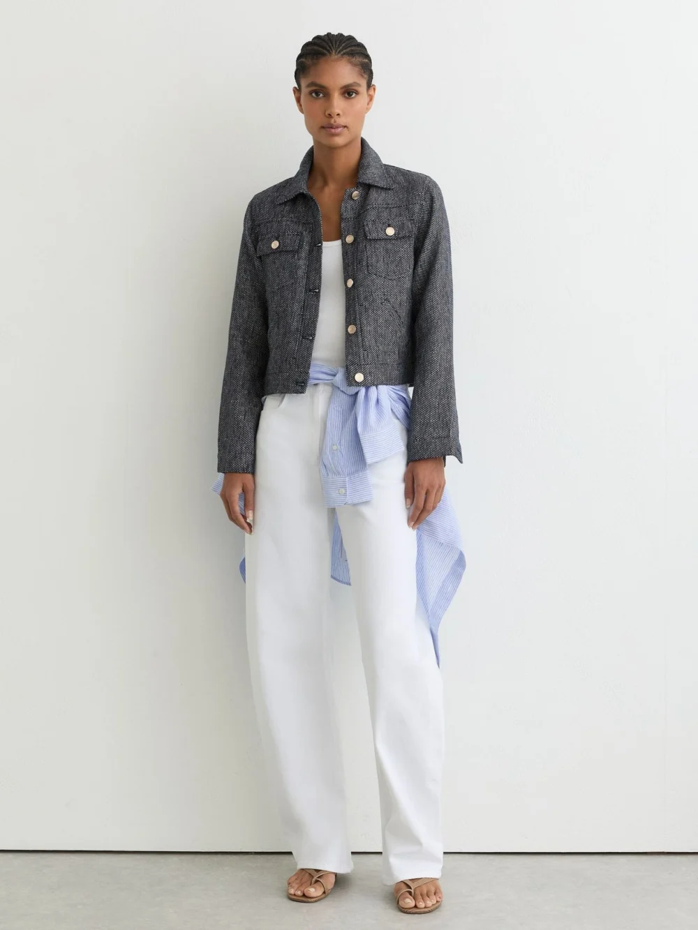 Reiss Navy Linen-cotton Woven Trucker Jacket, view 3